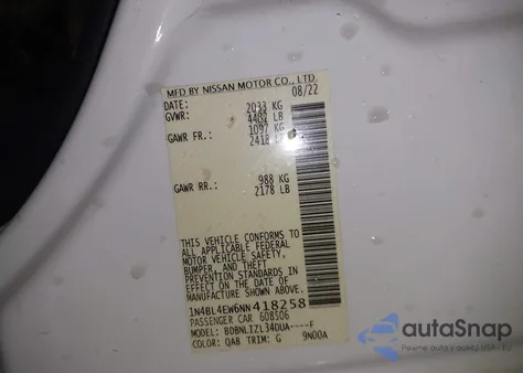 2022 Nissan Altima Sl Intelligent Awd from USA, damaged, VIN 1N4BL4EW6NN418258